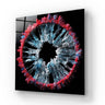 Bespoke decorative glass art with vibrant red and blue abstract design on black background