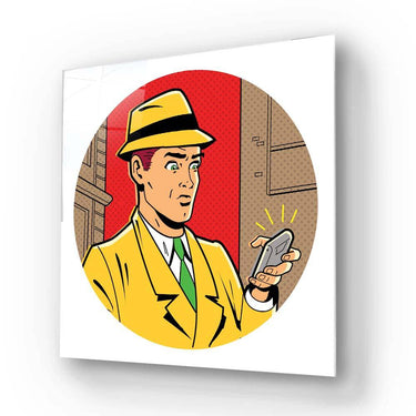 Pop art detective in yellow suit holding phone, comic-style wall art print