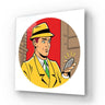 Pop art detective in yellow suit holding phone, comic-style wall art print