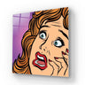 Pop art glass wall art with surprised woman, bold colors, halftone background, decorative glass panel