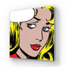 Pop art glass panel with blonde woman, speech bubble, halftone dots, red lips — modern decorative wall art