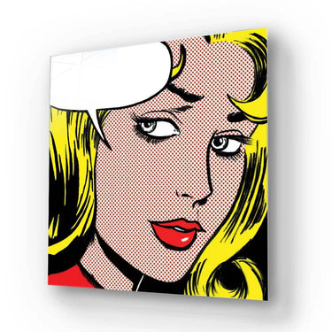 Pop art glass panel with blonde woman, speech bubble, halftone dots, red lips — modern decorative wall art