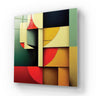 Bespoke decorative glass art panel with geometric shapes and bold colors for modern interiors
