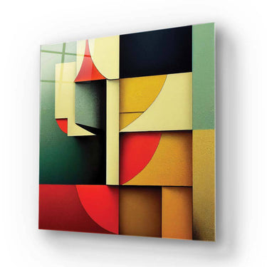 Bespoke decorative glass art panel with geometric shapes and bold colors for modern interiors