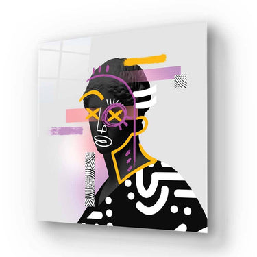 Abstract glass art panel with bold geometric face design, vibrant purple and yellow accents, modern decorative glass