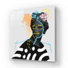 Bespoke decorative glass art with abstract portrait, floral accents, and bold geometric patterns for modern interiors