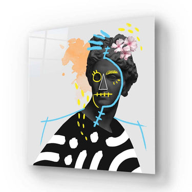Bespoke decorative glass art with abstract portrait, floral accents, and bold geometric patterns for modern interiors