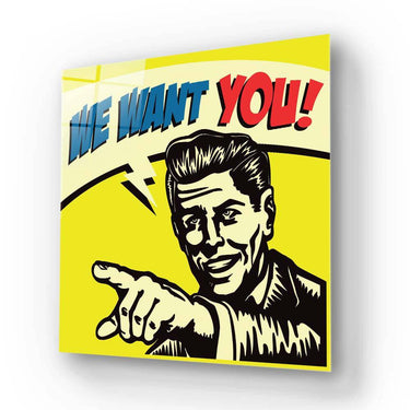 Vintage 'We Want You!' poster art on glass, bold yellow and red design, pointing figure