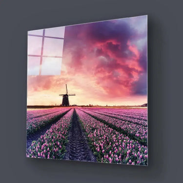 Windmill And Tulips Glass Wall Art - Square Sizes - DIY - CreoGlass®
