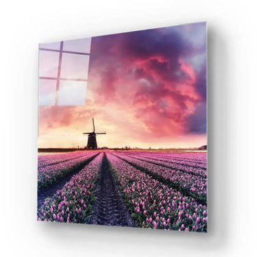 Windmill And Tulips Glass Wall Art - Square Sizes - DIY - CreoGlass®
