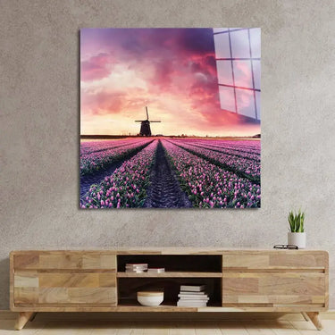 Windmill And Tulips Glass Wall Art - Square Sizes - DIY - CreoGlass®