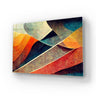Abstract geometric art print with warm orange, red, and teal hues on textured glass