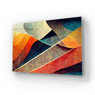 Abstract geometric art print with warm orange, red, and teal hues on textured glass