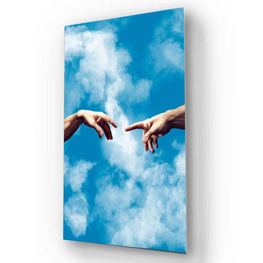 Bespoke decorative glass panel featuring iconic hands reaching against blue sky and clouds