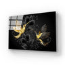 Luxury decorative glass panel with gold hummingbirds and black foliage, ideal for bespoke interior design