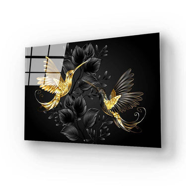 Luxury decorative glass panel with gold hummingbirds and black foliage, ideal for bespoke interior design