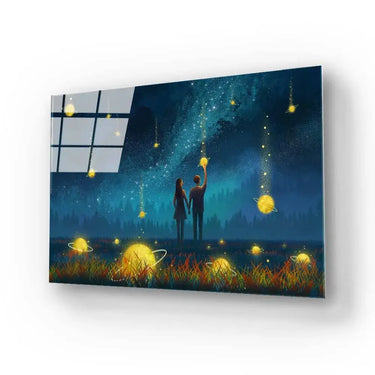 Couple Under Falling Planets Glass Wall Art - DIY - CreoGlass®