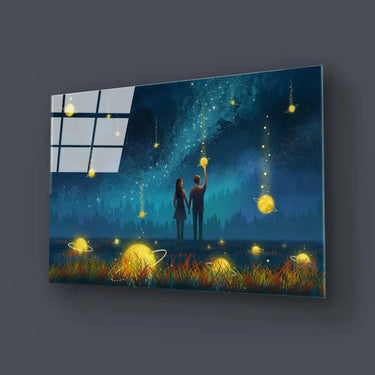 Couple Under Falling Planets Glass Wall Art - DIY - CreoGlass®