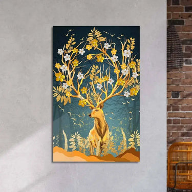 Gold Flowering Stag Glass Wall Art - Portrait Sizes - DIY - CreoGlass®