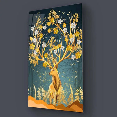 Gold Flowering Stag Glass Wall Art - Portrait Sizes - DIY - CreoGlass®