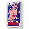 Pop art glass wall panel with 'Hello!' text, featuring bold blue, red, and pink comic-style design