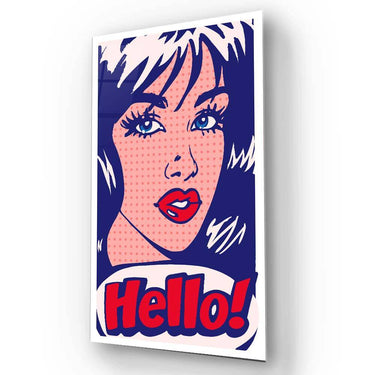 Pop art glass wall panel with 'Hello!' text, featuring bold blue, red, and pink comic-style design