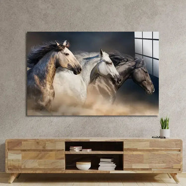 Horses With Long Mane Portrait Running In Desert Glass Wall Art - DIY - CreoGlass®
