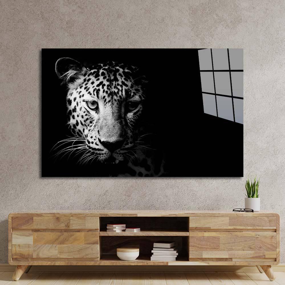 Leopard Head in Spotlight Black and White Glass Wall Art - DIY - CreoGlass®