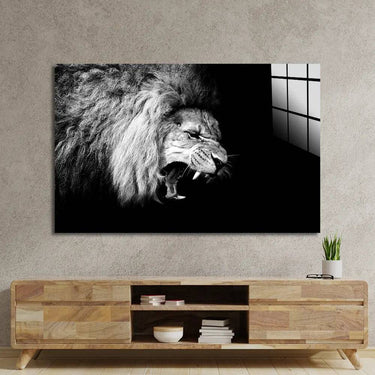 Black and white lion portrait wall art above wooden TV unit in modern living room