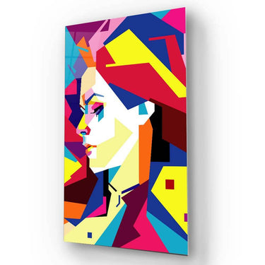 Vibrant geometric portrait art on glass, ideal for modern interior decor and bespoke architectural design.