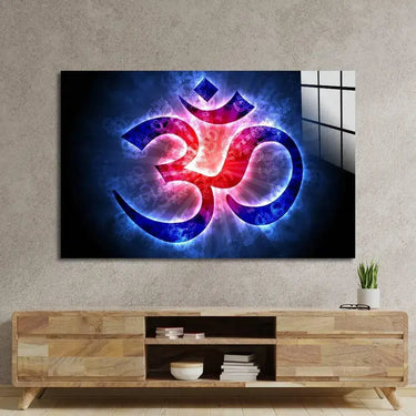 Om Sign Light Blue Red Glass Wall Art - DIY - CreoGlass®