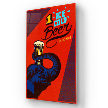 Vibrant red glass art panel featuring blue elephant holding beer glass with 'Ice Cold Beer' text