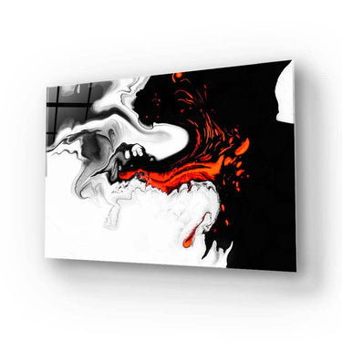 Bespoke decorative glass art with bold black, white, and red abstract swirls for modern interiors