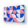 Bespoke decorative glass panel with geometric blue, pink, and white design for modern interiors
