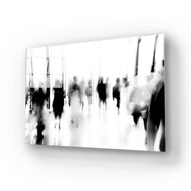 People Walking in Lobby Motion Blurred Glass Wall Art - DIY - CreoGlass®
