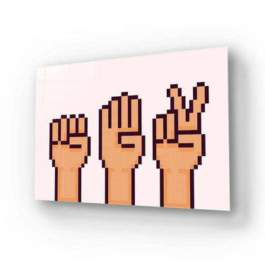 Pixel art hands showing fist, open palm, and peace sign on decorative glass panel