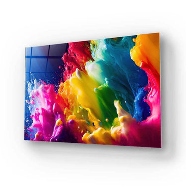 Vibrant abstract glass art with swirling rainbow colors, ideal for modern interior decor and feature walls.