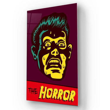 Bespoke decorative glass art with horror movie poster design, featuring bold yellow and red graphics on dark background