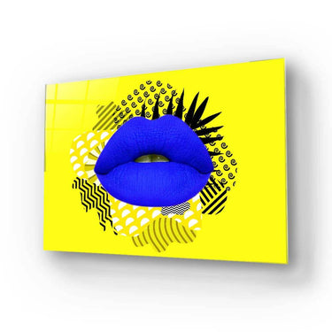 Vibrant blue lips on bold yellow glass art with geometric patterns, modern decorative glass panel