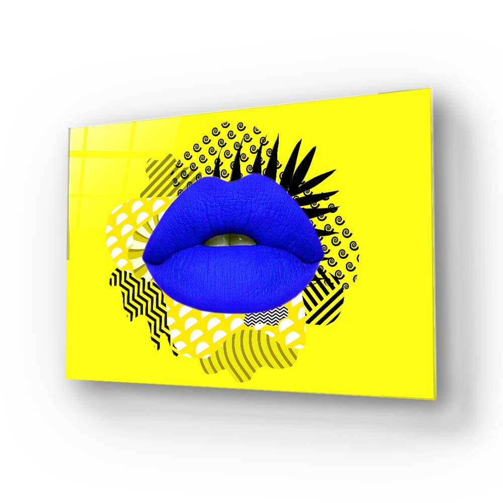 Vibrant blue lips on bold yellow glass art with geometric patterns, modern decorative glass panel