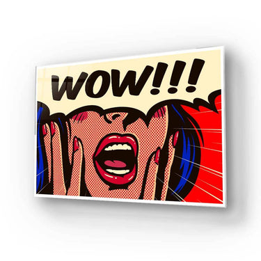 Pop art glass panel with 'WOW!!!' text and bold comic-style woman face, ideal for modern interior decor