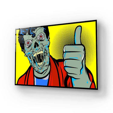 Pop art zombie giving thumbs up on decorative glass panel