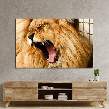 Lion yawning wall art on textured gray wall above wooden media console, modern home decor