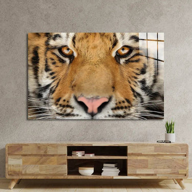 Tiger face artwork on modern wall above wooden media console