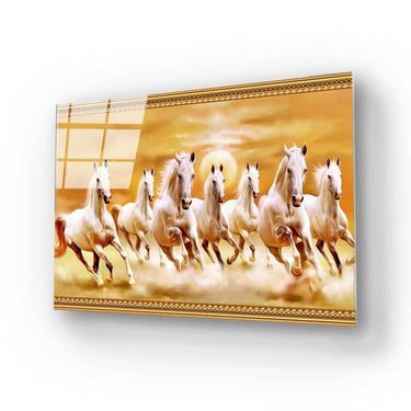Bespoke decorative glass art with galloping white horses, golden frame, ideal for luxury interiors