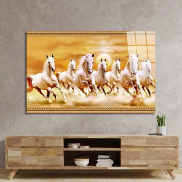 Sunrise White Lucky Seven Running Horses Glass Wall Art - DIY - CreoGlass®