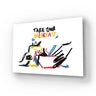 Colorful abstract wall art with 'Take Your Breakfast' text, modern decorative glass panel design