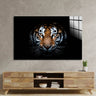 Tiger portrait on decorative glass wall art above wooden media console in modern living room