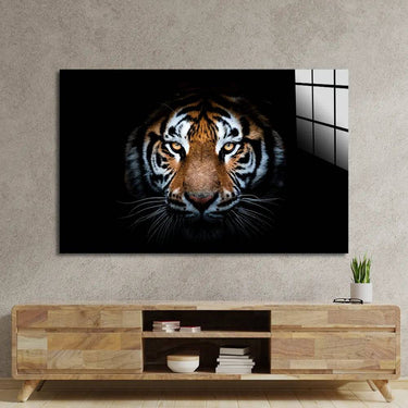 Tiger portrait on decorative glass wall art above wooden media console in modern living room