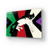 Bespoke decorative glass art featuring a black and white cat on vibrant geometric background